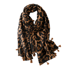 Load image into Gallery viewer, Tan Leopard Print Tassel Scarf
