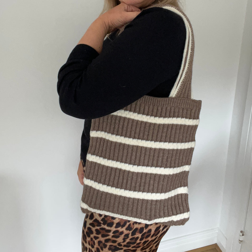 Taupe & Cream Stripe Knitted Tote Bag