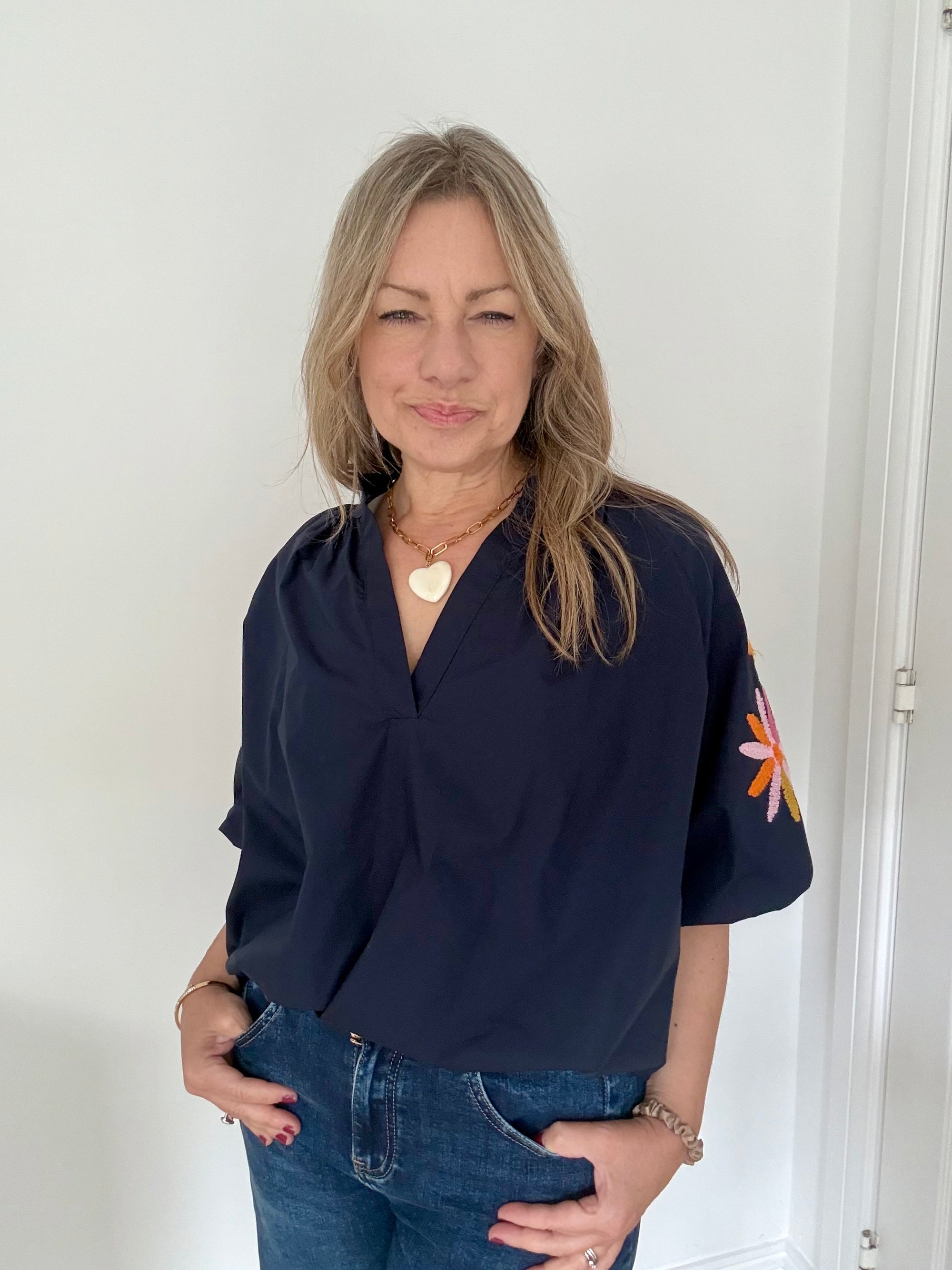 Navy Embroidered Sleeve Cotton Blouse