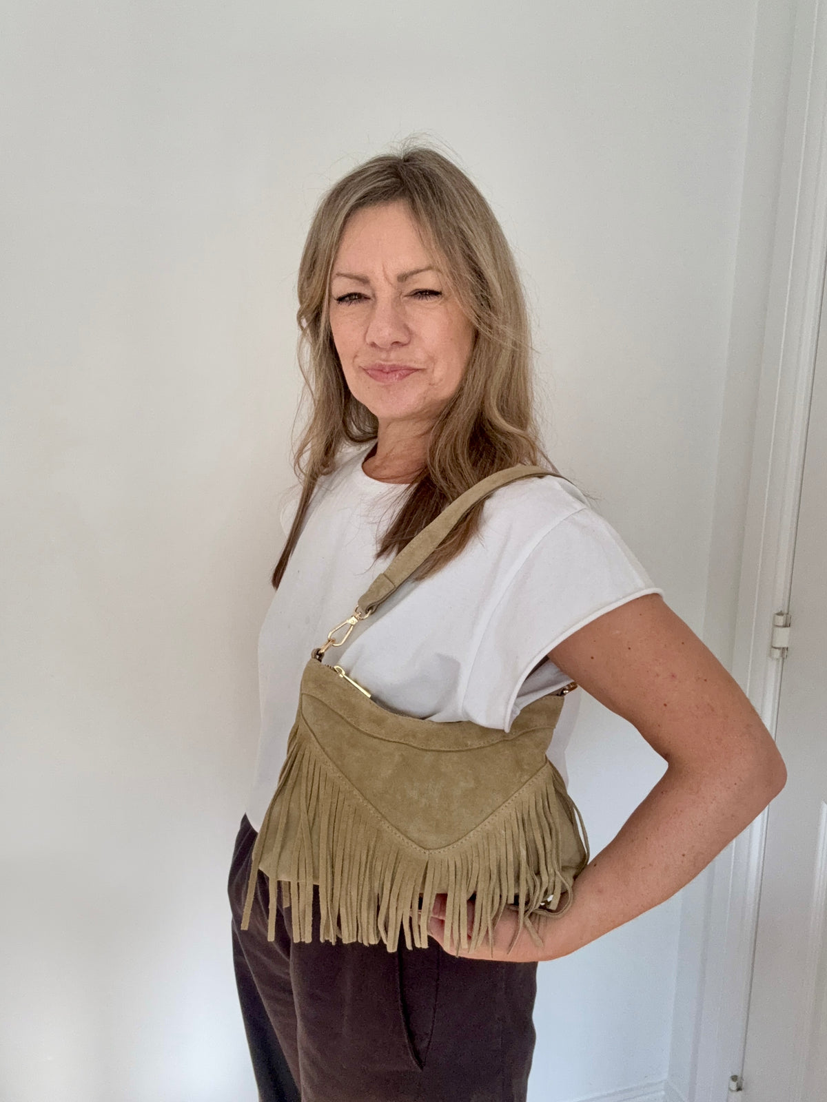 Stone Suede Shoulder/ Crossbody Bag with Fringing