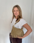 Stone Suede Shoulder/ Crossbody Bag with Fringing