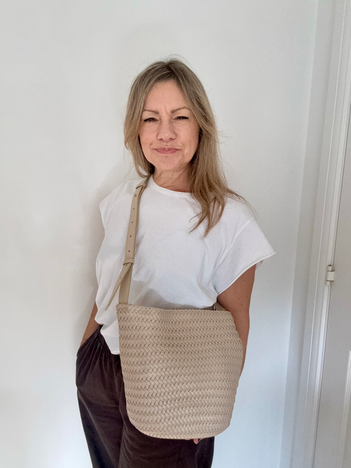 Cream Faux Leather Weave Crossbody Bag