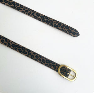 Taupe Leopard Suede Leather Belt with Gold Buckle S/M