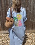 Blue Embroidered Flowers Beach Dress/ Kaftan