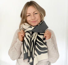 Load image into Gallery viewer, Grey &amp; Cream Zebra Print Blanket Scarf
