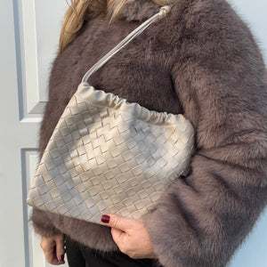 Cream Faux Weavy Clutch/ Crossbody Bag