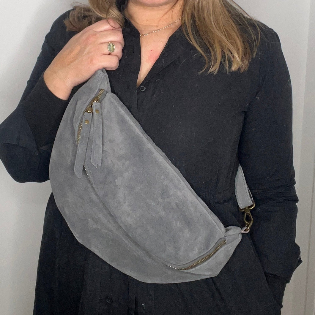 Grey Suede Pouch Bag