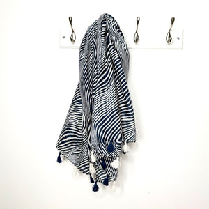 Navy Zebra Print Tassel Scarf