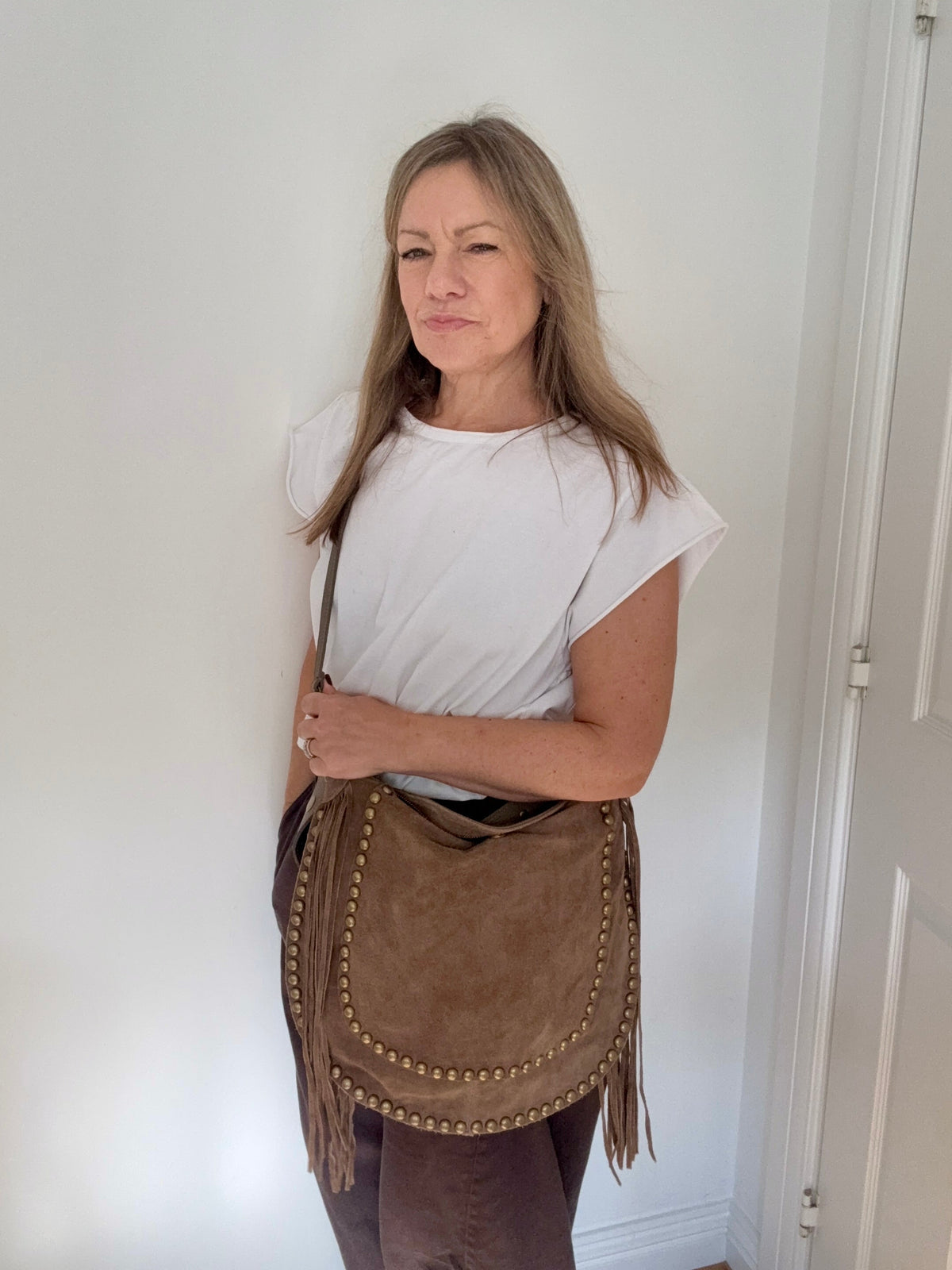 Dark Taupe Studded Suede Shoulder/ Crossbody Bag with Fringing