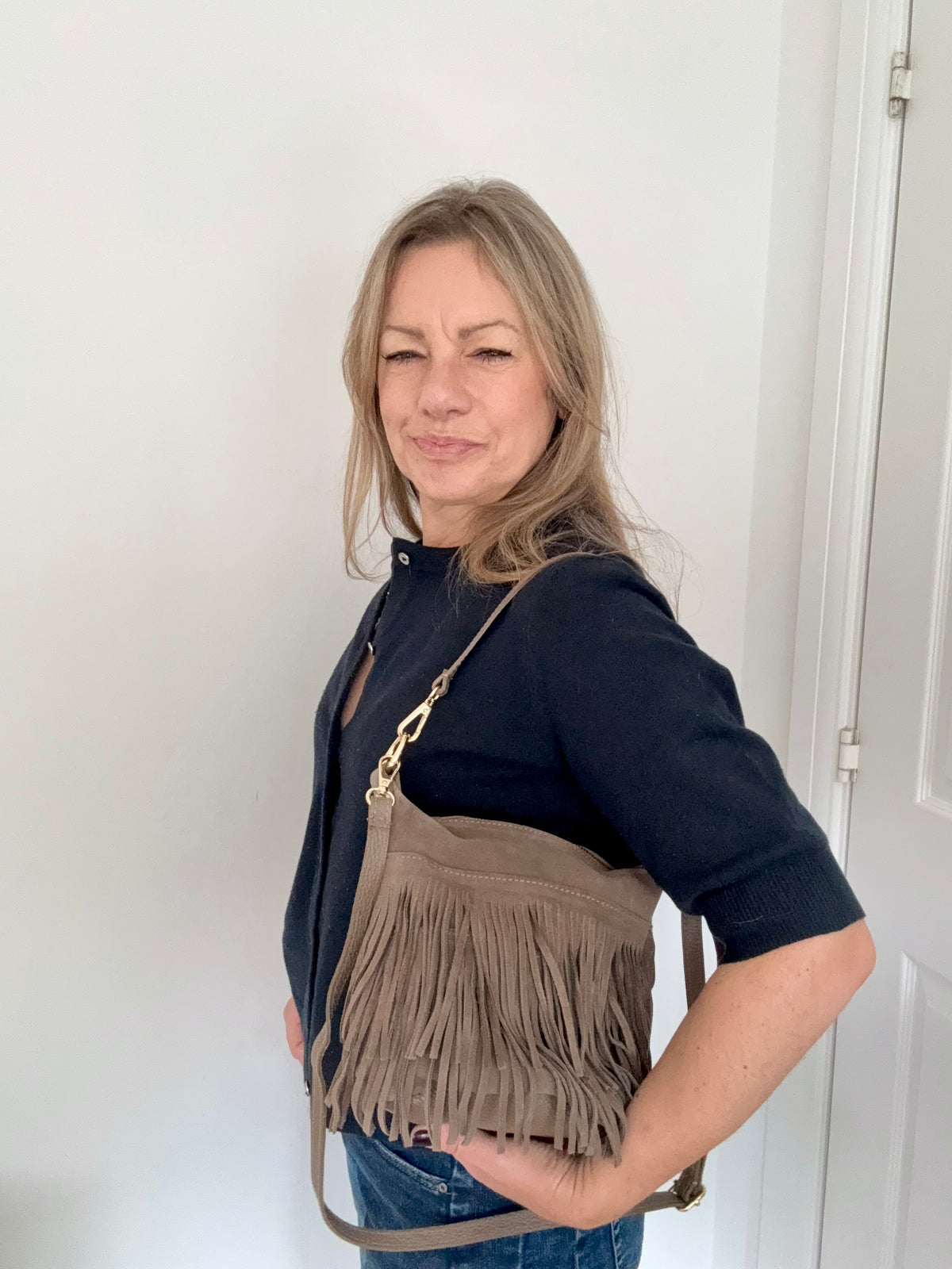 Dark Taupe Suede/ Leather Fringed Shoulder/ Crossbody Bag