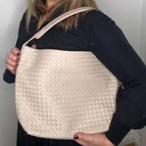 Cream Faux Leather Weave Tote/ Crossbody Bag