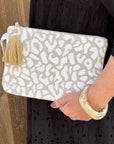 Taupe & Ecru Leopard Print Clutch Bag with Wrist Strap