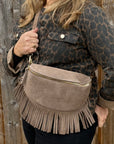 Suede Large Taupe Fringed Crossbody/ Waist Bag