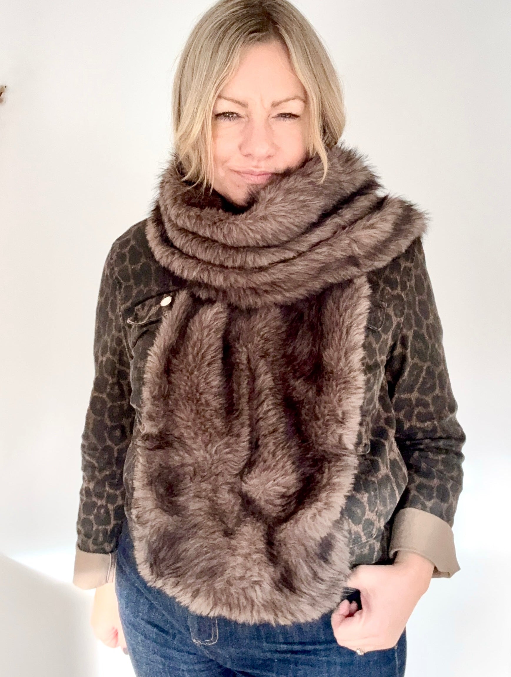 Dark Taupe Faux Fur Wide Long Scarf/ Wrap
