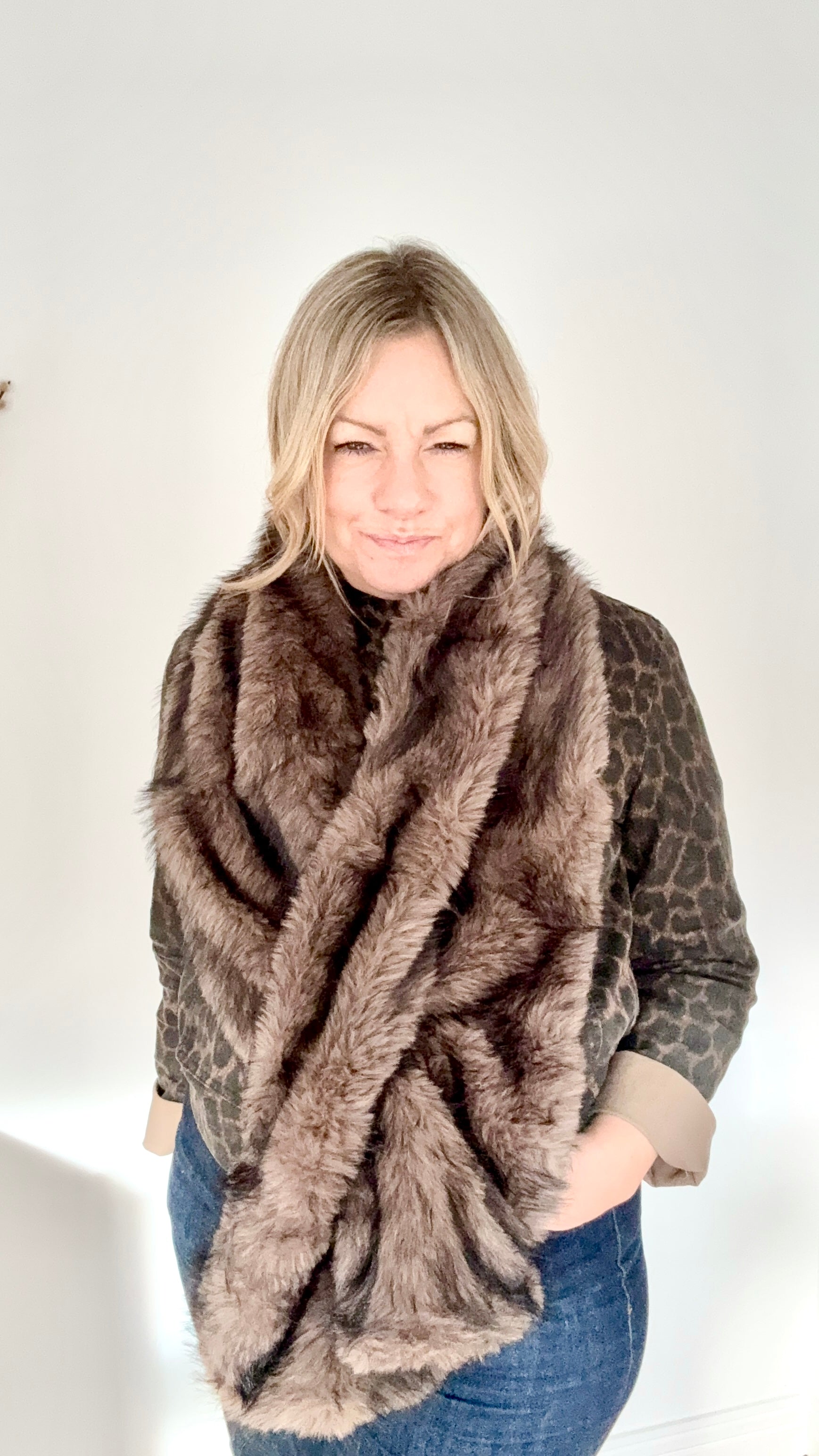 Dark Taupe Faux Fur Wide Long Scarf/ Wrap