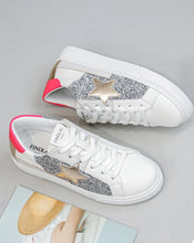 Load image into Gallery viewer, Silver Sparkle &amp; Gold Star Trainers
