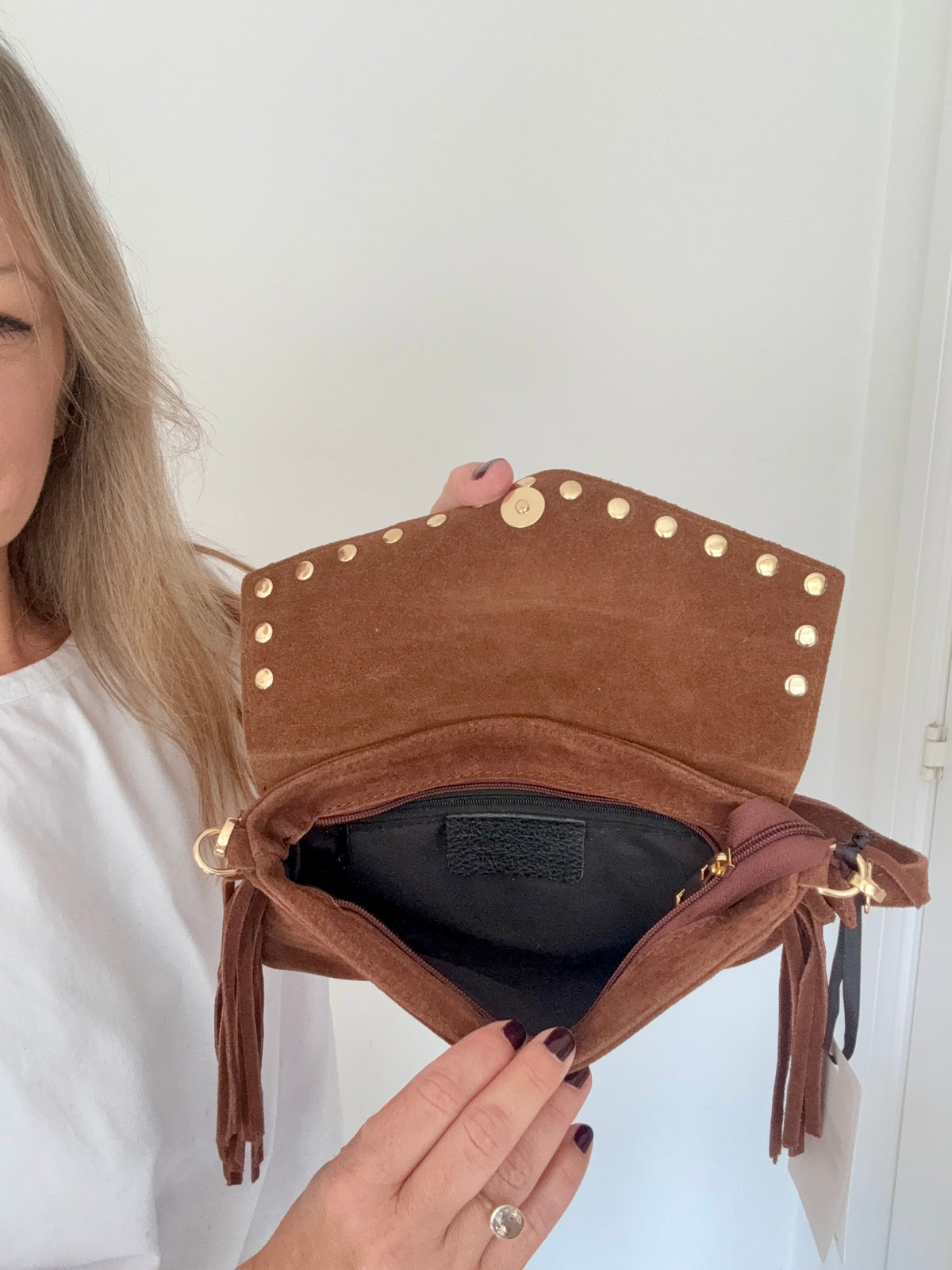 Brown Studded Suede Clutch/ Crossbody Bag with Fringing