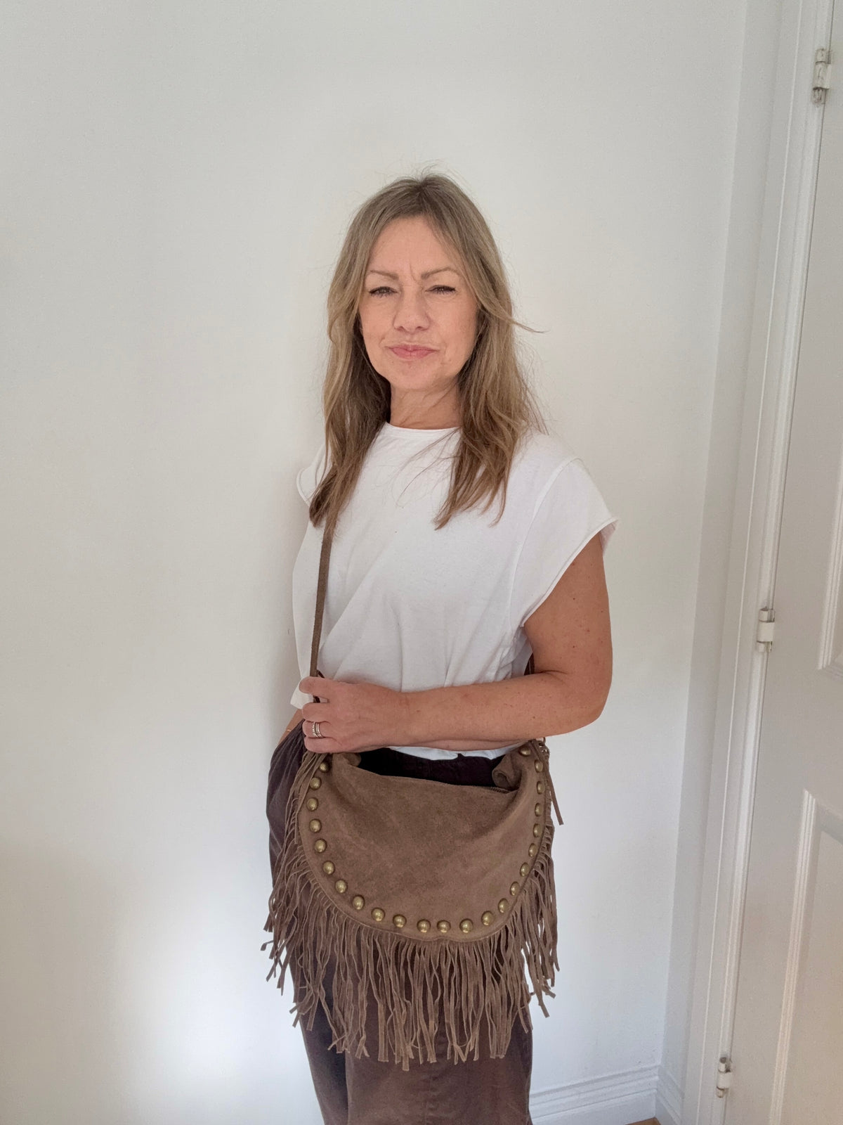 Dark Taupe Studded Suede Crescent Shoulder/ Crossbody Bag with Fringing
