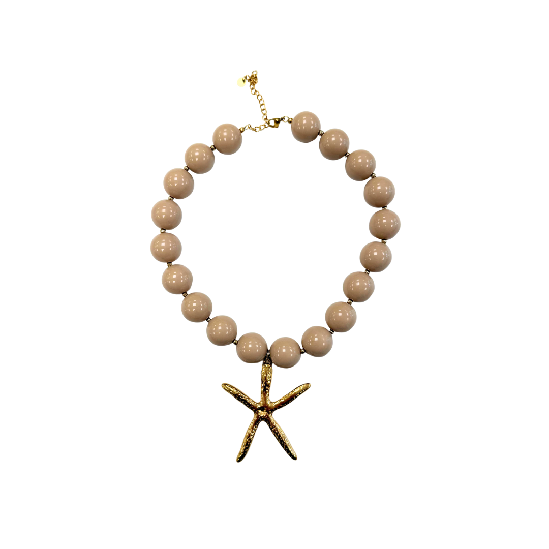 Pale Taupe Beaded Necklace with Gold Starfish