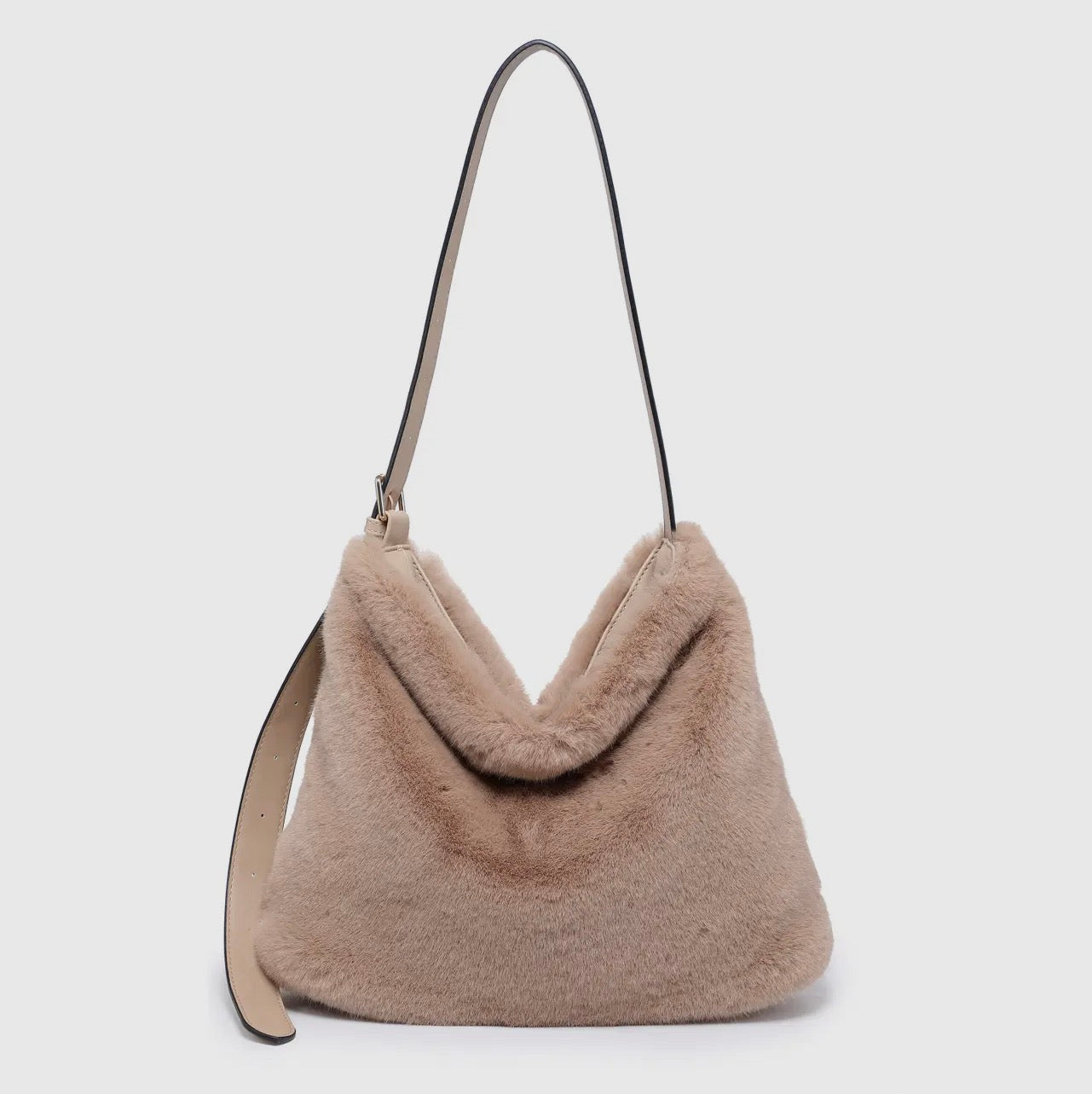 Beige faux fur shoulder handbag with an adjustable strap