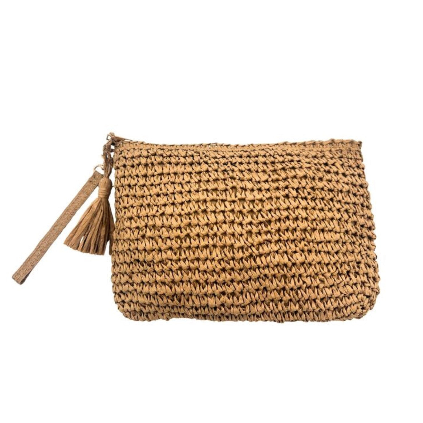 Woven beige raffia clutch bag with a tassel on a white background