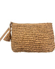 Woven beige raffia clutch bag with a tassel on a white background