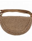 Beige raffia crossbody handbag with strap on a white background.