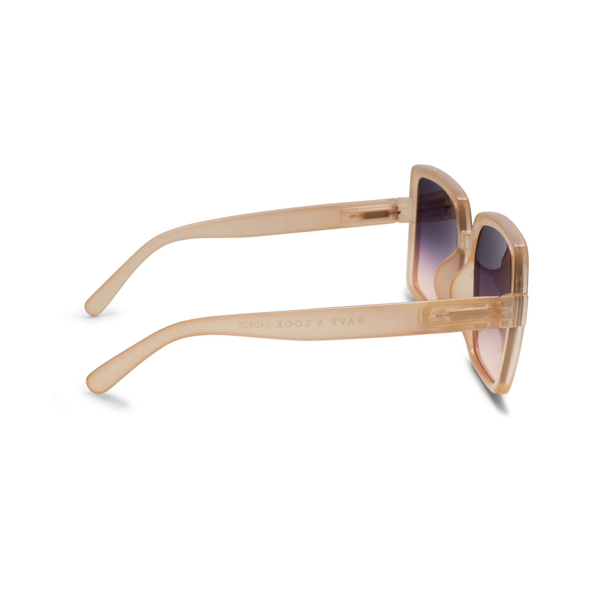 Side view point of beige square framed glasses 