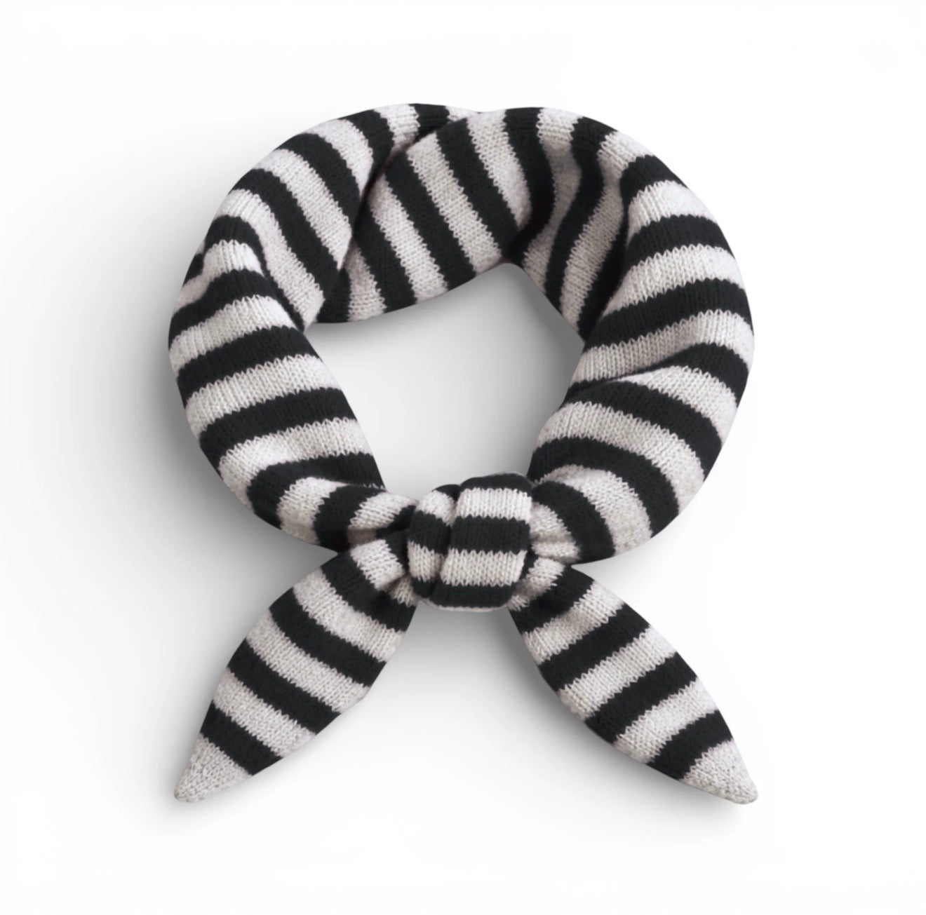 Black and white striped scarf with a knot on a white background