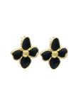 Black flower-shaped earrings with gold accents on a white background