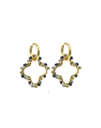Gold hoop earrings with black and gray beads on a white background