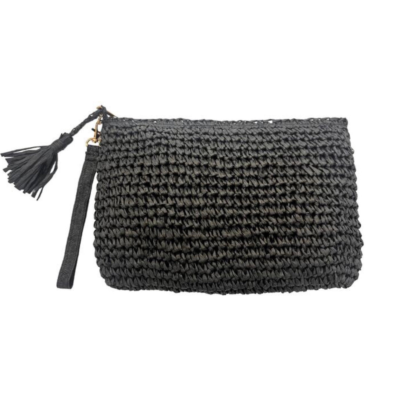 Black woven raffia clutch bag with a tassel on a white background