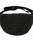 Black raffia crossbody handbag with strap on a white background