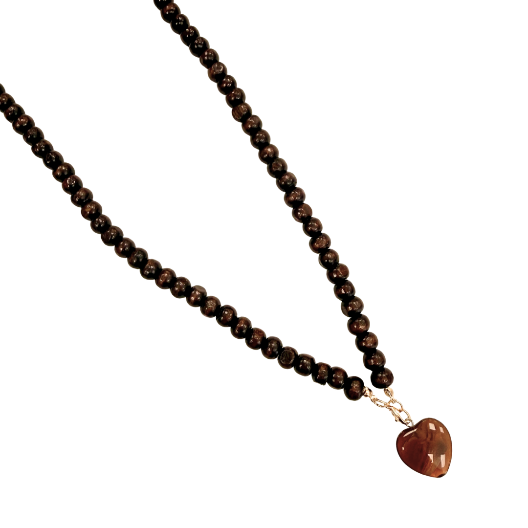Dark Brown Long Wooden Beaded Necklace with Brown Resin Heart