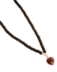 Dark Brown Long Wooden Beaded Necklace with Brown Resin Heart