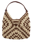 Brown and cream raffia shoulder bag on a plain background. 