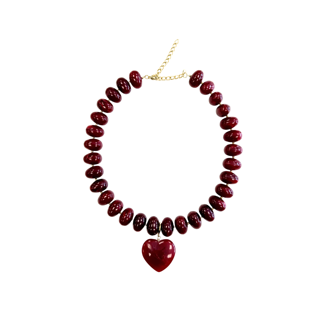 Burgundy Heart Resin Beaded Necklace