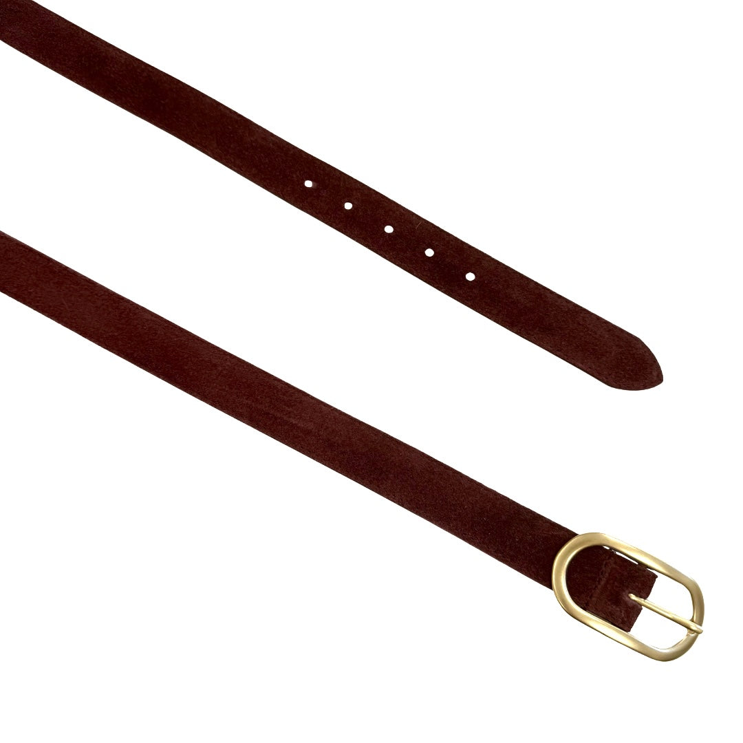 Burgundy suede belt with a gold buckle on for women