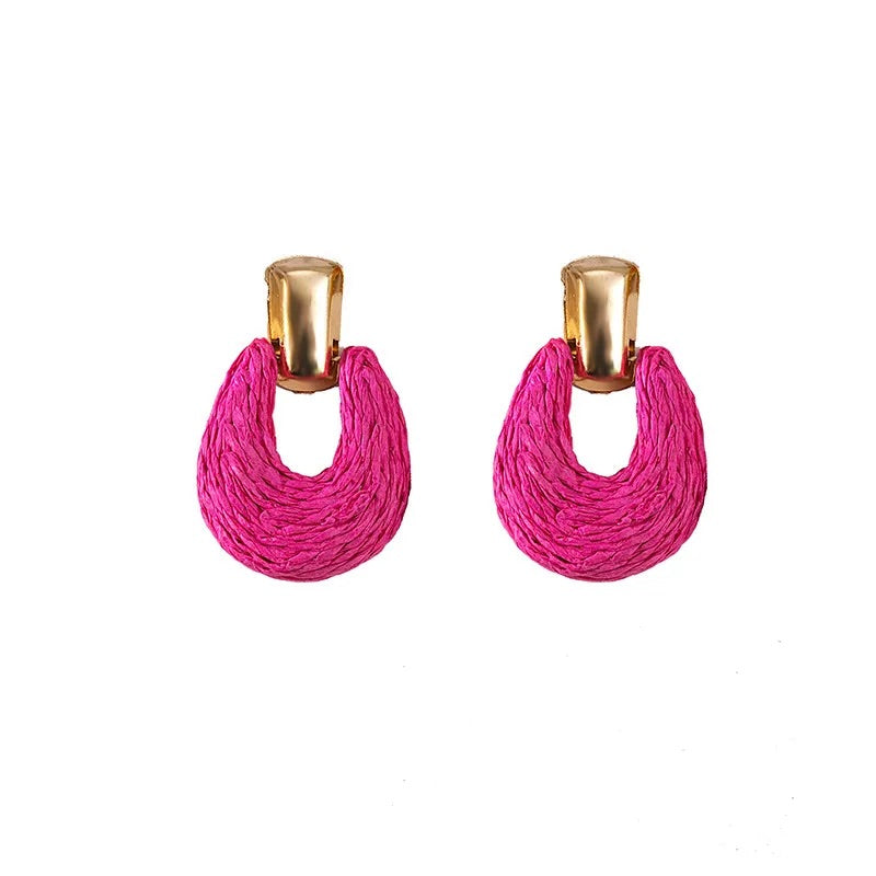 Gold & Bright Pink Raffia Statement Earrings