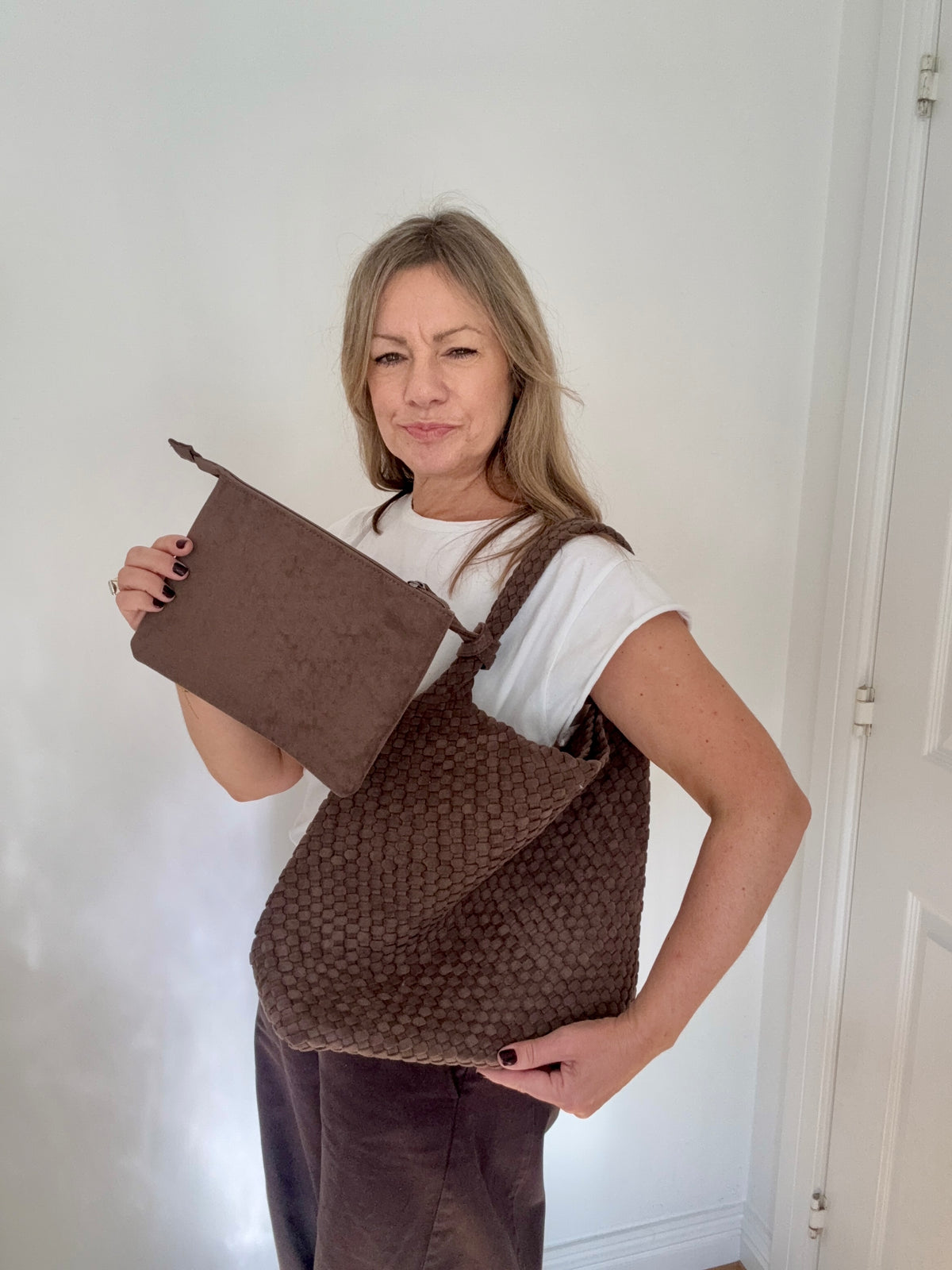 Brown Faux Suede Weave Tote Bag