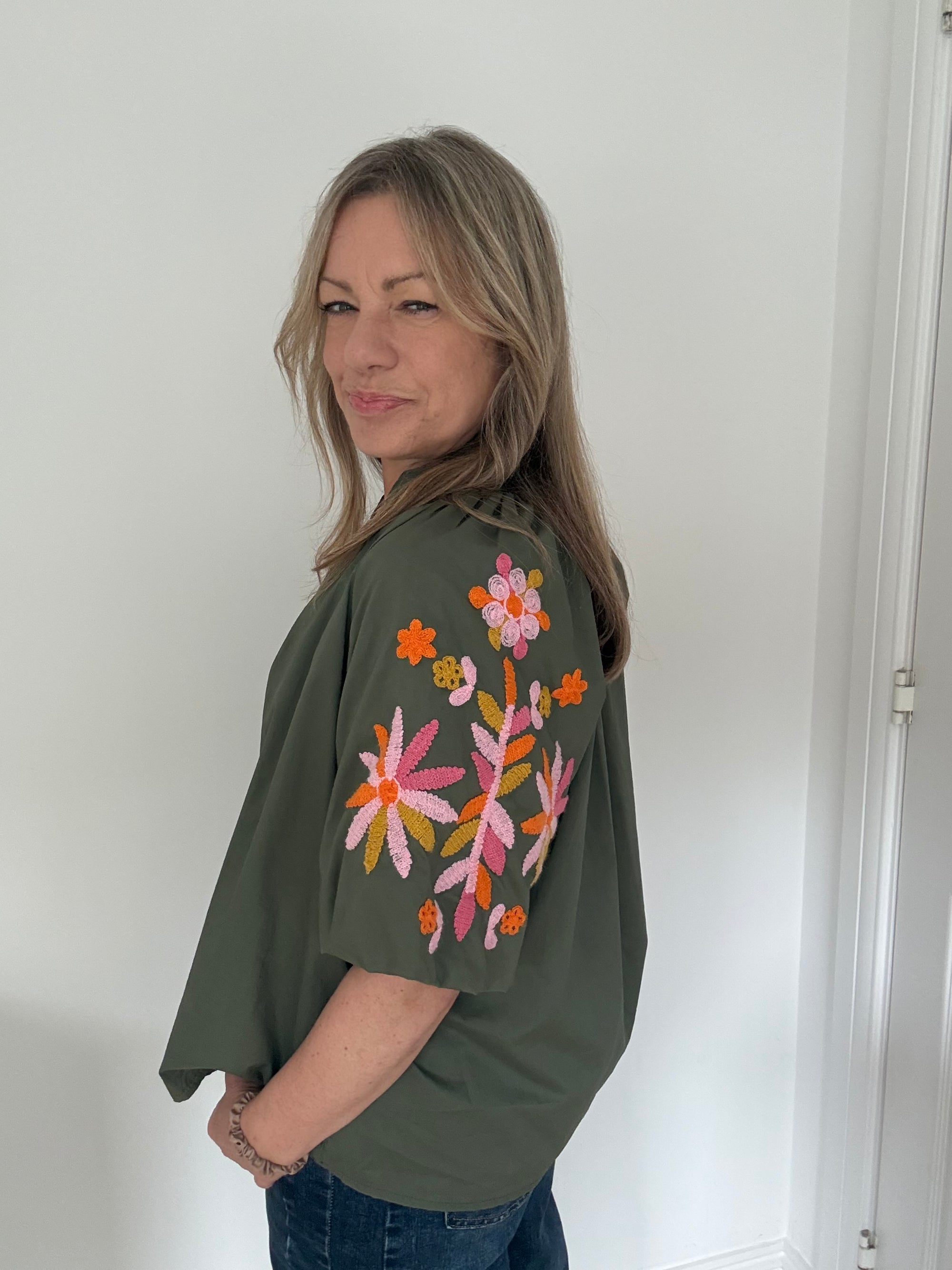 Khaki Embroidered Sleeve Cotton Blouse