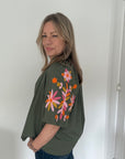 Khaki Embroidered Sleeve Cotton Blouse