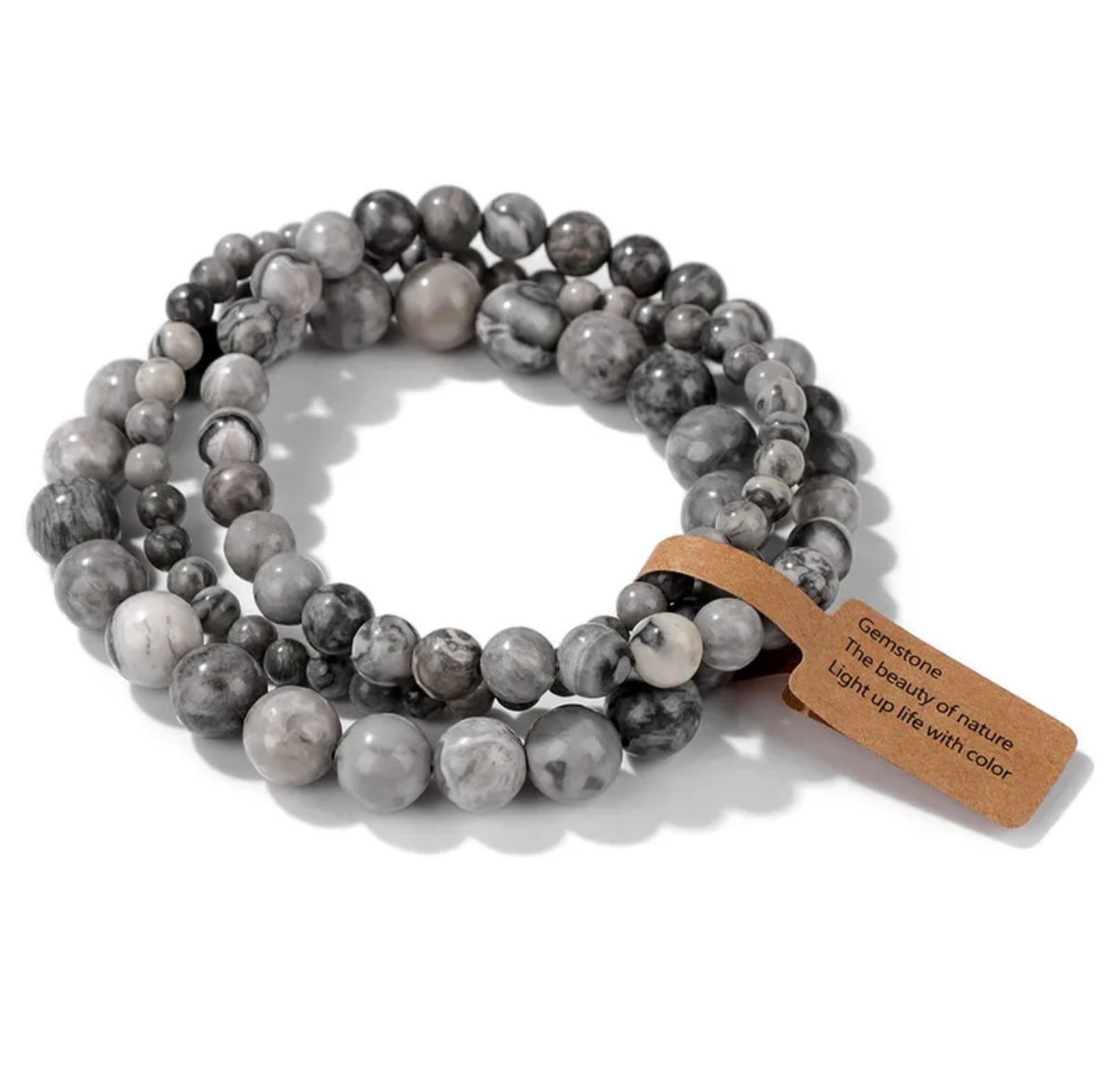 Grey Mix Gemstone Beaded Stretch Bracelet Stack