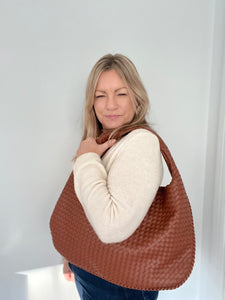 Dark Tan PU Weave Tote Bag