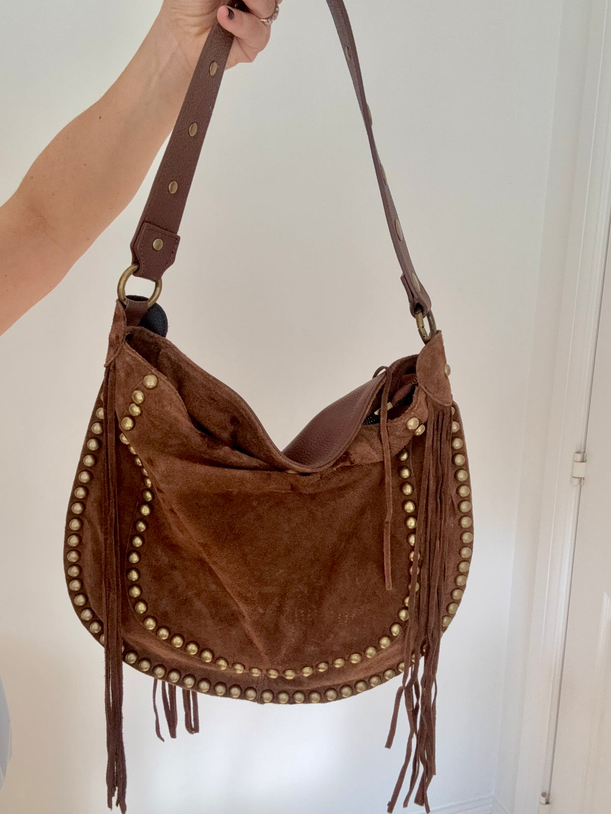Brown Studded Suede Shoulder/ Crossbody Bag with Fringing
