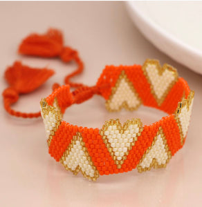 Orange & Gold Heart Beaded Adjustable Bracelet