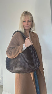 Dark Brown Faux Leather Weave Tote Bag