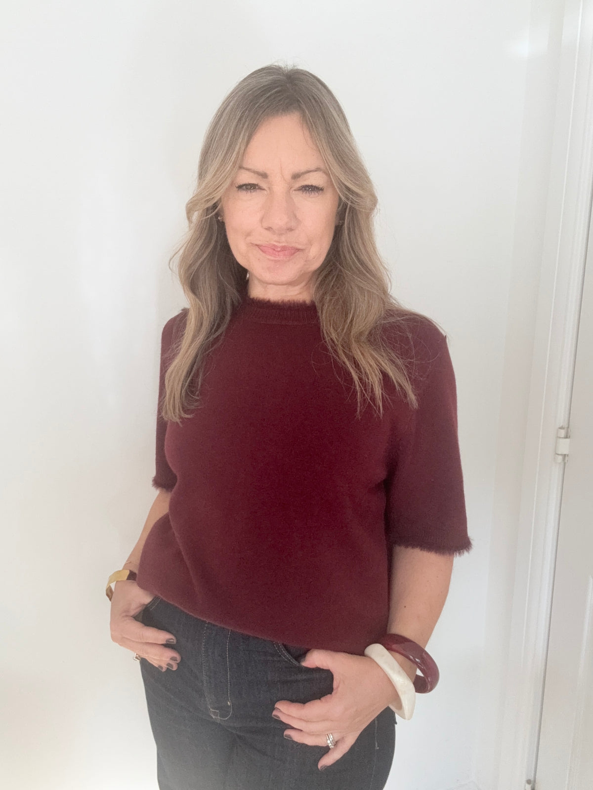 Burgundy Faux Fur Trim Jumper