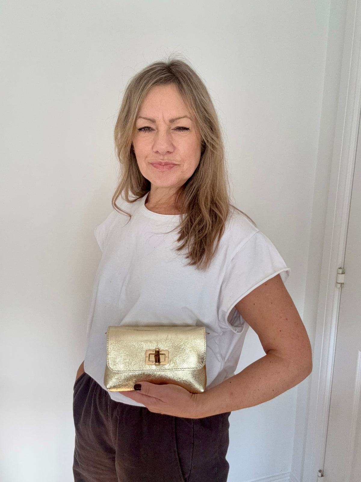 Gold Leather Clutch/ Crossbody Bag with Chain Strap &amp; Short Strap