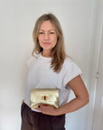 Gold Leather Clutch/ Crossbody Bag with Chain Strap & Short Strap